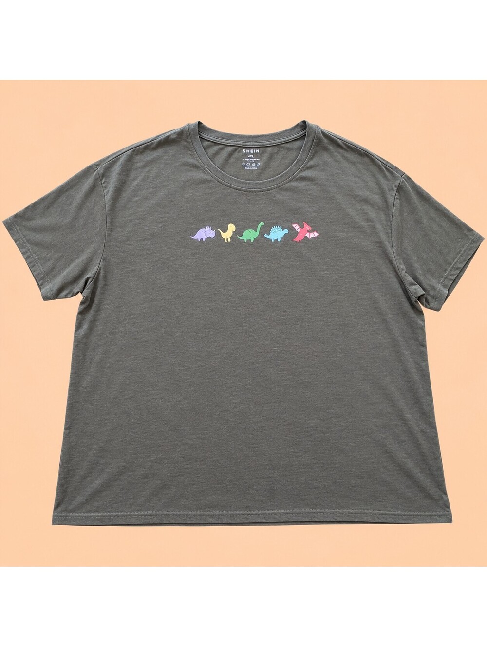 SHEIN Womens 4XL Dark Green Dinosaur Graphic T-Shirt Colorful Dino Casual Tee